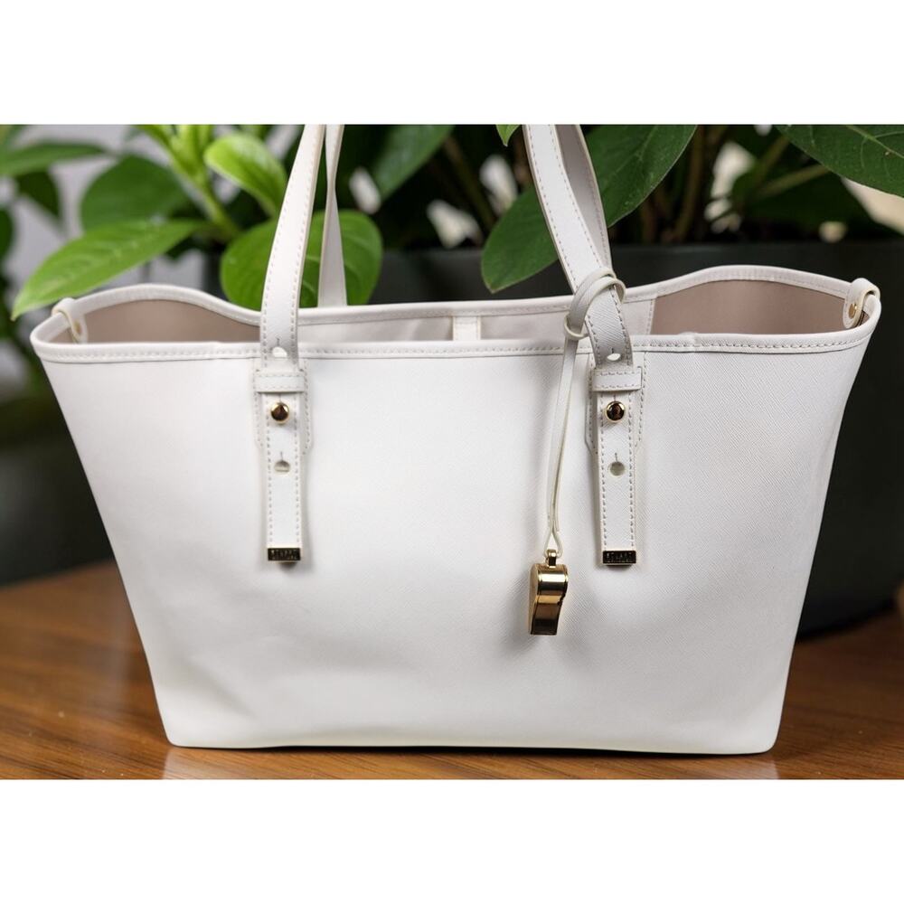 Stuart Weitzman Womens Tote Bag White Leather Large Shoulder Bag Gold